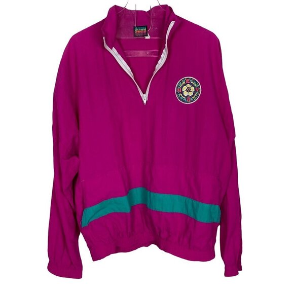 Vintage 90s Cyrk Windbreaker Anorak Jacket Medium Hot Pink Soccer Patch 1/4 Zip - Picture 1 of 7